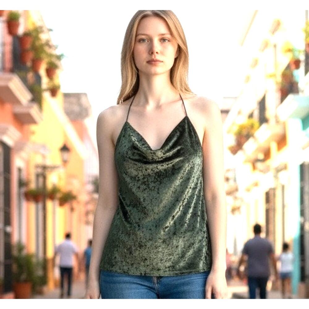 Velvet Top Sleeveless Green Vintage USA Size SM MOD REF Chic Holiday Party Y2K
